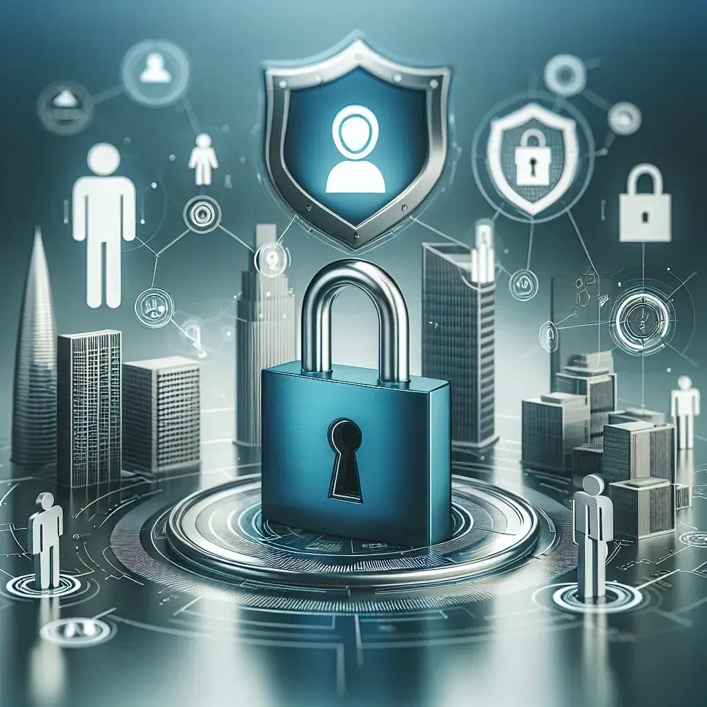 "Illustration of secure identity and access management solutions for modern businesses, showcasing digital security tools and stakeholders collaborating to enhance organizational safety."